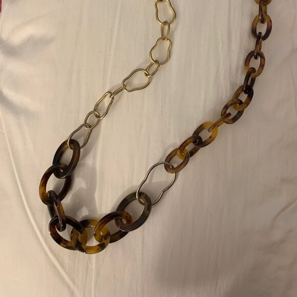 Gold Tone Faux Tortoise Shell Link Chain Long Statement Necklace - Picture 3 of 5